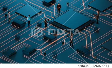 Business professionals working across glowing processor grid visualizing data exchange and innovation. 126078644