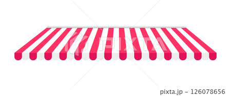 Shop awning. Striped store canopy. Market tent with red and white stripes isolated on white background. Cafe sunshade. Storefront umbrella. Kiosk visor. Vector flat illustration 126078656