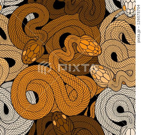 Seamless graphic wallpaper with snakes. Endless linear ornament with reptiles. Seamless graphic wallpaper with snakes. Endless linear ornament with reptiles. 126078704
