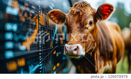 A cow on the background of a graph with economic data. The combination of rural themes with modern digital information. A cow on the background of a graph with economic data. The combination of rural themes with modern digital information. 126078978