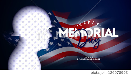 Memorial Day of the USA Vector Illustration with Flag and Patriotic Soldier Silhouette on Blue Background. American National Celebration Design with Typography Lettering for Banner, Greeting Card or 126078998