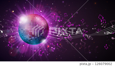 Party Celebration Illustration with Shiny Disco Ball with Reflective Surface and Flying Musical Notes on Bright Night Background. Vector Festival Design for Banner, Flyer, Greeting Card, Invitation or Party Celebration Illustration with Shiny Disco Ball with Reflective Surface and Flying Musical Notes on Bright Night Background. Vector Festival Design for Banner, Flyer, Greeting Card, Invitation or 126079002