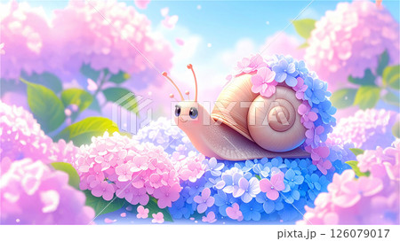 あじさいのお花の殻の可愛いかたつむり 126079017