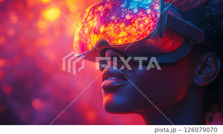 Close-up of a woman's face in VR glasses. The glasses reflect colorful, dynamic graphics. The lighting is done in red and purple tones. 126079070