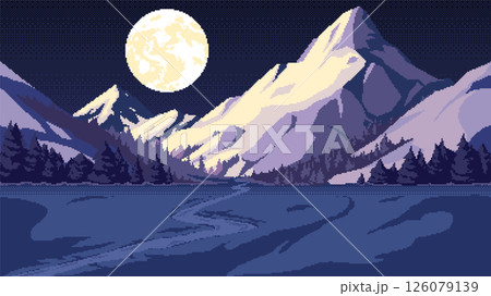 Pixel art mountain background at night. Seamless landscape backdrop of a pine forest, snow-capped peaks and a cloudy sky with moon. Nature horizontal vector illustration. Pixel art mountain background at night. Seamless landscape backdrop of a pine forest, snow-capped peaks and a cloudy sky with moon. Nature horizontal vector illustration. 126079139