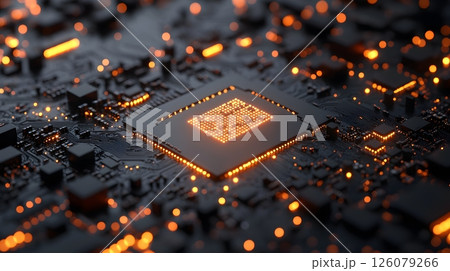 AI chip glowing in digital circuit board, 126079266