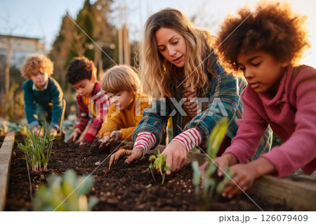 Teacher and students gardening together with joy in school learning garden 126079409