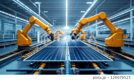 The process of automated production of solar panels in a modern industrial workshop. Two yellow robotic arms working on blue solar panels that move along a conveyor belt.	 126079525