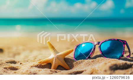 A sandy beach with a starfish and sunglasses with pink-purple frames and blue lenses. Summer vacation and serenity.	 126079616