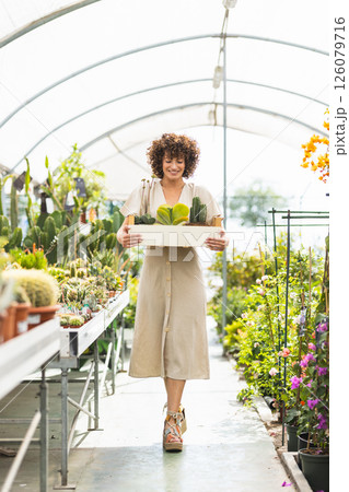 Woman with wooden box filled with potted plants walking in greenhouse 126079716