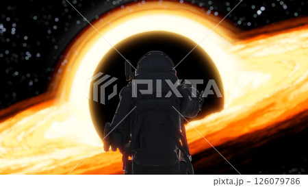 Astronaut exploring supermassive black hole in deep space. 3d render 126079786