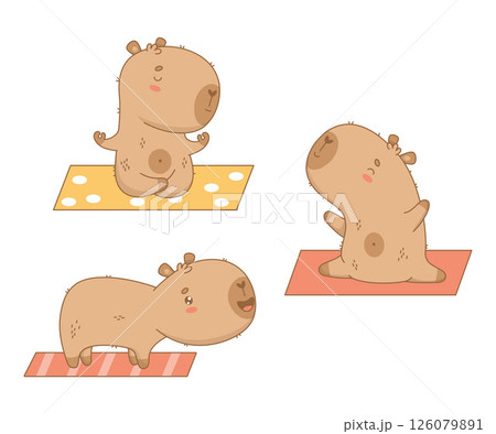 Cute capybara meditation on yoga mat. Funny isolated Cartoon kawaii character animal sportsman plays sports and stretching on white background. Vector illustration. 126079891