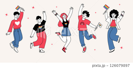 Happy LGBTQ People Dancing. Pride Month. LGBT community, holiday Gay and lesbians with rainbow symbols and flags set. Minimalist isolate hand Doodle drawing. Vector Illustration 126079897
