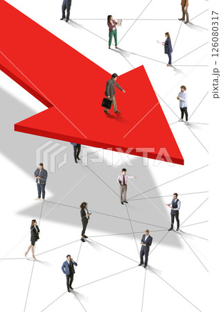 Modern conceptual design. Large red arrow floats above network of people showing overwhelming market pressure. Shadow symbolizes economic threat. Modern conceptual design. Large red arrow floats above network of people showing overwhelming market pressure. Shadow symbolizes economic threat. 126080317