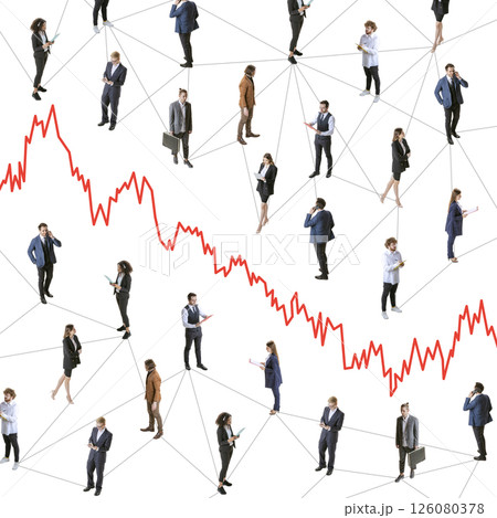 Conceptual design. Businesspeople standing on tangled network connected by economic downfall graph. Red line drops illustrate collapse of corporate links. Conceptual design. Businesspeople standing on tangled network connected by economic downfall graph. Red line drops illustrate collapse of corporate links. 126080378