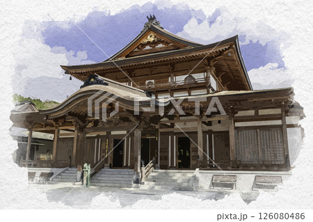 水彩画風 誕生寺 阿弥陀堂 岡山県久米南町 水彩画風 誕生寺 阿弥陀堂 岡山県久米南町 126080486