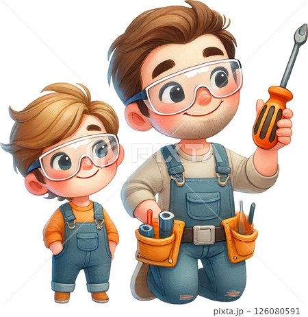 Father and son team working together with tools Father and son team working together with tools 126080591