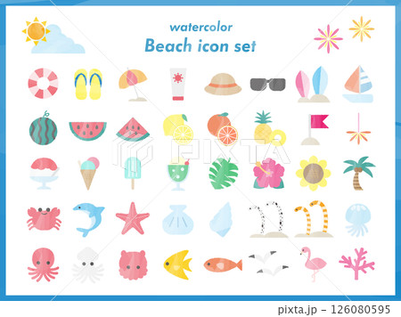 シンプルなビーチと海の生き物水彩風ベクターイラストセット 126080595