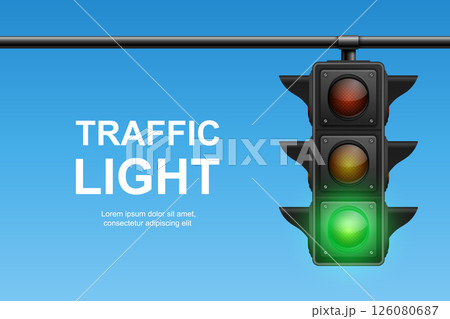 Vector Traffic Light with Green Signal on Blue Sky Background. Realistic Road Stoplight for Transportation, Safety, Driving, Crosswalk, Urban Street and Traffic Control Concept Design 126080687