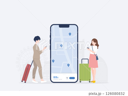 出張や旅行で地図を検索するアジア人の若い男女 出張や旅行で地図を検索するアジア人の若い男女 126080832
