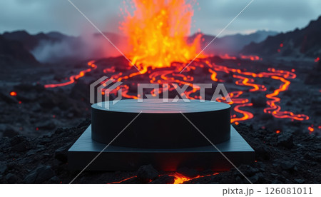 black circular platform is placed on rocky terrain with glowing lava streams flowing around it, while volcanic eruption in background illuminates scene with fiery orange and red hues. black circular platform is placed on rocky terrain with glowing lava streams flowing around it, while volcanic eruption in background illuminates scene with fiery orange and red hues. 126081011