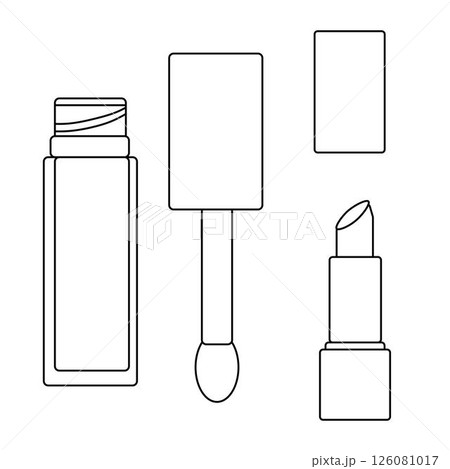 Lipstick and lip gloss isolated. Vector graphic line illustration. Black and white kawaii icon. For poster, party invitation, backdrop, ad, sale promotion, print for t-shirt Lipstick and lip gloss isolated. Vector graphic line illustration. Black and white kawaii icon. For poster, party invitation, backdrop, ad, sale promotion, print for t-shirt 126081017