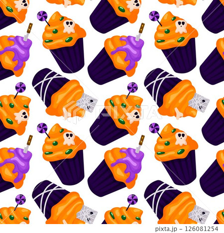 Seamless Halloween cupcake pattern with spooky decoration, candy, purple icing and mummy wrappers on white background. Perfect cartoon style design for festive decor, party theme and seasonal package. 126081254