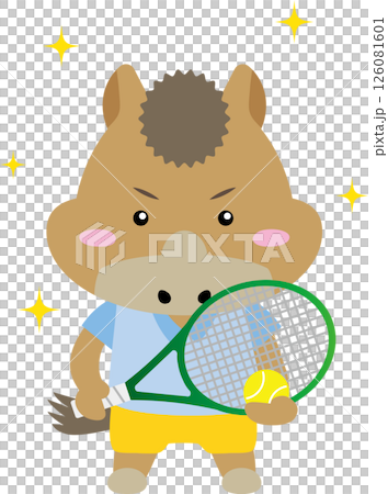 可愛的馬角色打網球 | 2026 馬年生肖插畫 126081601