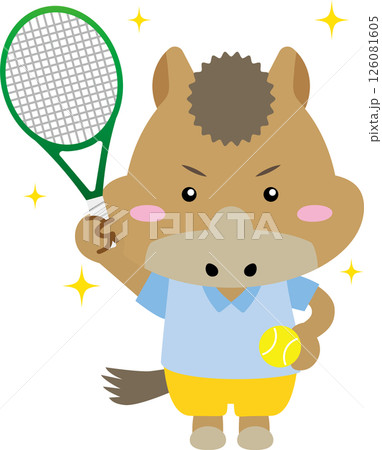 テニスを楽しむかわいいウマのキャラクター｜2026年・午年の干支イラスト 126081605