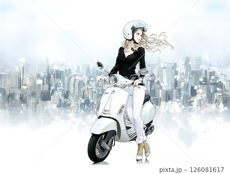 スクーターで買い物に来た若い女性のイラスト素材 126081617
