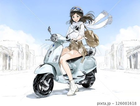 スクーターで買い物に来た若い女性のイラスト素材 スクーターで買い物に来た若い女性のイラスト素材 126081618