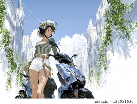 スクーターで買い物に来た若い女性のイラスト素材 126081630