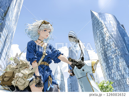 スクーターで買い物に来た若い女性のイラスト素材 126081632