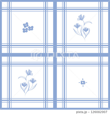 Classic kitchen plaid style pattern. Geometric check tablecloth print in blue and white color. Simple minimalistic background checkered floral for textile home design. 126082007