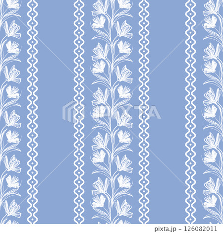 Minimalist Line Floral Seamless pattern Background blue striped Paper for home decor and fabric. Linen simple cottagecore texture. 126082011