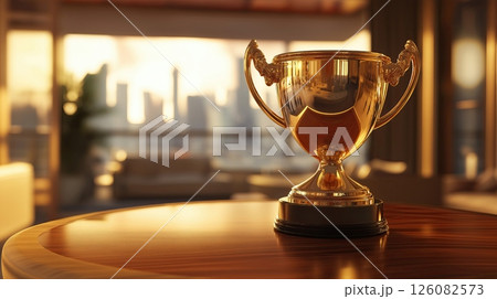 Golden Trophy on Wooden Table, Victory and Achievement Symbol with Warm Lighting Golden Trophy on Wooden Table, Victory and Achievement Symbol with Warm Lighting 126082573