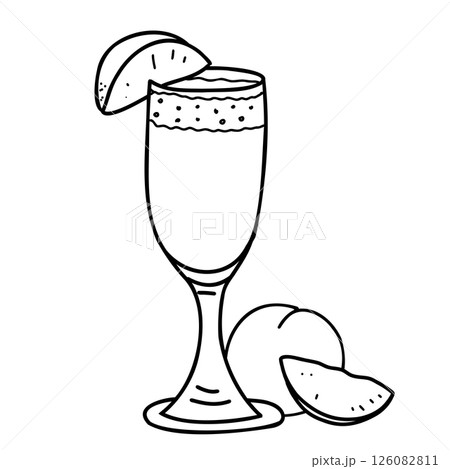 Bellini cocktail and Peach whole fruit and slice Composition. Summer alcoholic Drink with Prosecco and Peach nectar. Hand drawn Black and White Vector illustration in Doodle style isolated. For Beach 126082811
