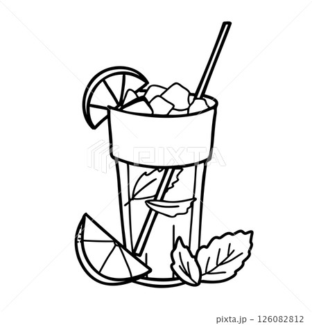 Mojito Cocktail or Lemonade Glass with Ice and a slice of Lime and mint leaves. Summer Drink composition. Hand drawn Vector isolated illustration in Doodle style. For cocktail bar menu, logo or drink 126082812