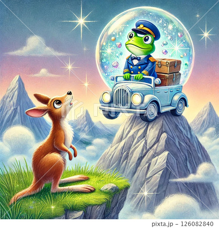 山の頂上で車に乗ったホテルマンのカエルを見上げるカンガルー 山の頂上で車に乗ったホテルマンのカエルを見上げるカンガルー 126082840