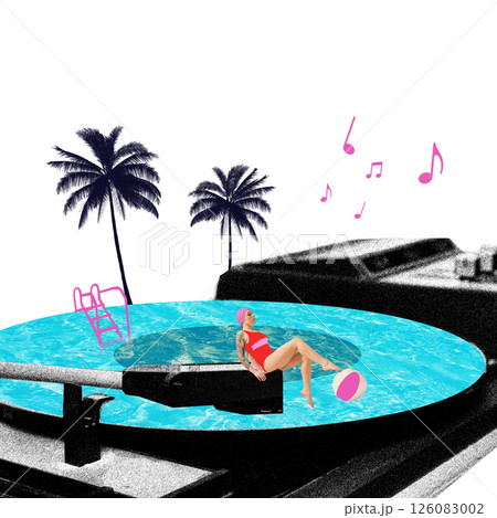 Woman in swimsuit relaxes in pool on giant vinyl record near palm trees with musical notes floating. 126083002
