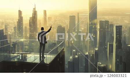 都市を背景に都市を見上げるビジネスマン 126083321