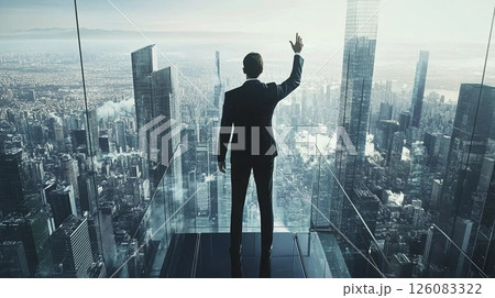 都市を背景に都市を見上げるビジネスマン 126083322