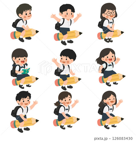 Set of Illustrations of School Kids Riding Giant Pencils 126083430