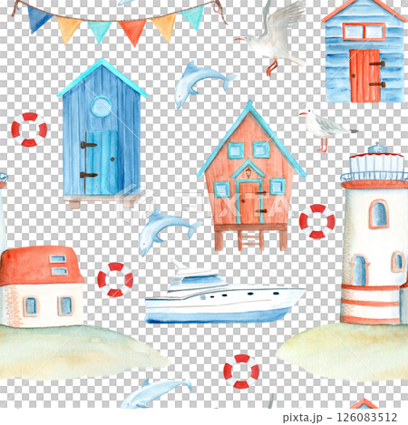 Yacht, dolphin, plank cabins and lighthouse watercolor seamless pattern on white. Hand painted art perfect for summer-themed fabric, beachwear, home decor, branding for coastal boutiques or stationary 126083512