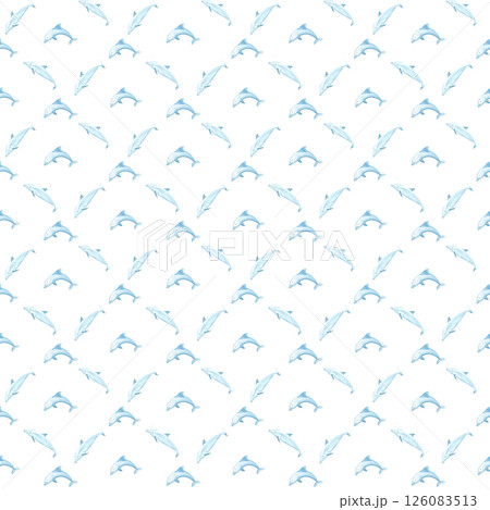 Two dolphins watercolor seamless pattern isolated on white. Hand-drawn blue monochromatic clip art perfect for notebooks, wrapping paper, wallpaper, tote bags, cards, eco, tourism, room decor and Two dolphins watercolor seamless pattern isolated on white. Hand-drawn blue monochromatic clip art perfect for notebooks, wrapping paper, wallpaper, tote bags, cards, eco, tourism, room decor and 126083513