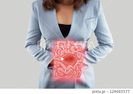 Illustration showing symptoms of intestinal obstruction. 126083577