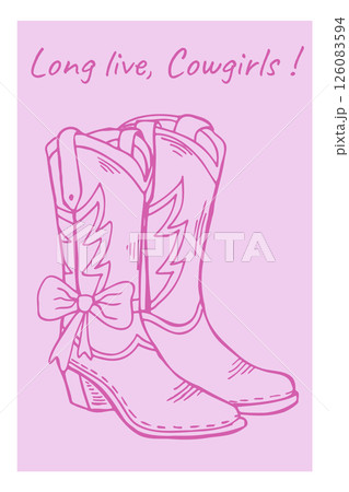 Cowgirl line art illustration featuring stylish boots with a coquette bow accent in a playful pink background 126083594