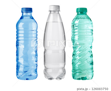 Three plastic water bottles showing different levels of fullness on white background Three plastic water bottles showing different levels of fullness on white background 126083750