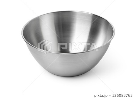 Empty stainless steel mixing bowl on white background Empty stainless steel mixing bowl on white background 126083763