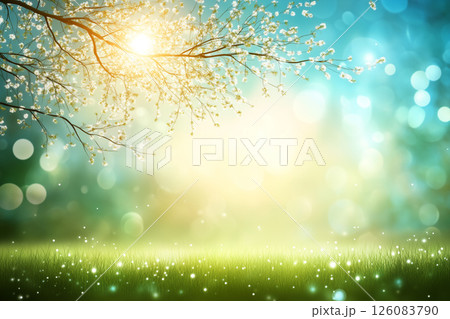 Bright Sunshine Through Tree Branches Over Green Grass and Soft Bokeh Background Bright Sunshine Through Tree Branches Over Green Grass and Soft Bokeh Background 126083790